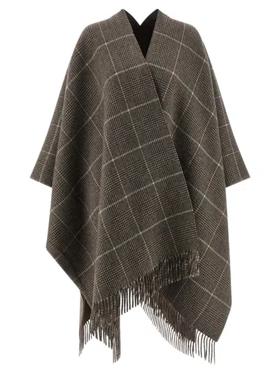 Brunello Cucinelli Reversible Poncho With Fringe And Plaid In Brown