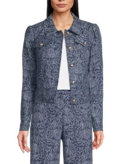 Karl Lagerfeld Womens Printed Denim Button Front Jacket P Xs Xl In Blue