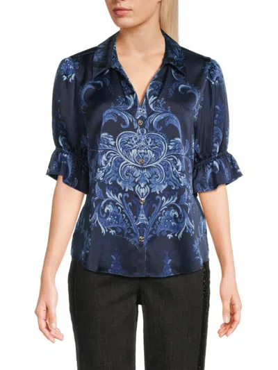 Karl Lagerfeld Women's Printed Satin Button-front Blouse In White