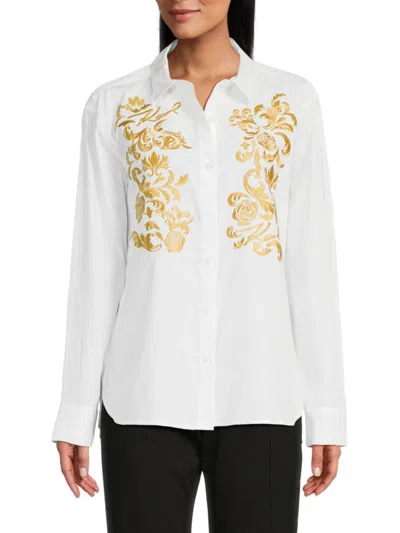 Karl Lagerfeld Women's Cotton Embroidered Button-front Top In Gold