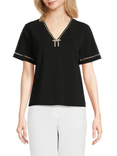 Karl Lagerfeld Women's Crystal-trim V-neck Top In Black