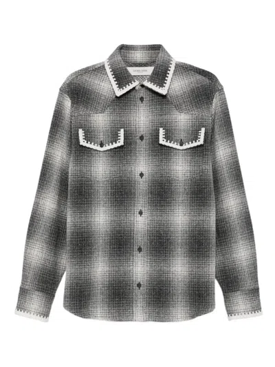 Golden Goose Wool Blend Long Sleeve Checked Shirt In Gray