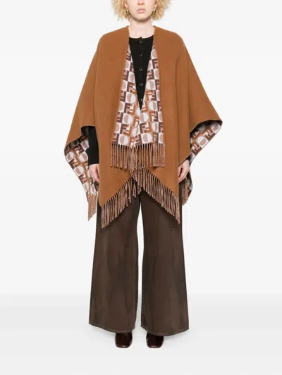 Fendi Biscuit Wool Blend Reversible Cape In Brown