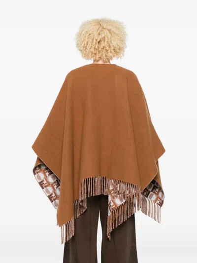 Fendi Biscuit Wool Blend Reversible Cape In Brown