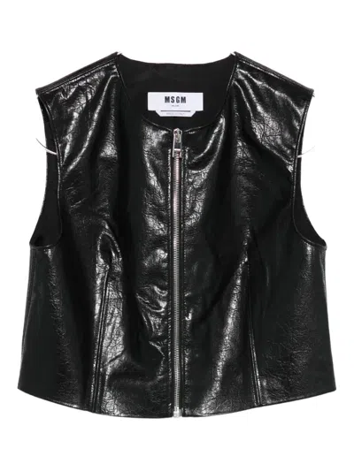 Msgm Textured Black Faux Leather Sleeveless Top With Front Zipper In Black