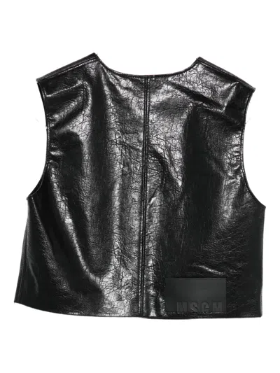 Msgm Textured Black Faux Leather Sleeveless Top With Front Zipper In Black