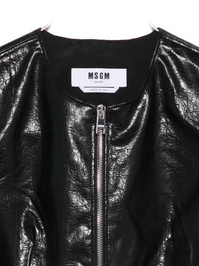 Msgm Textured Black Faux Leather Sleeveless Top With Front Zipper In Black
