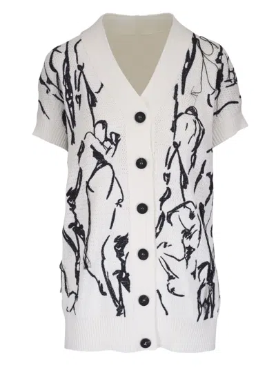 Lafayette 148 Sketch-print Short-sleeved Cardigan In White