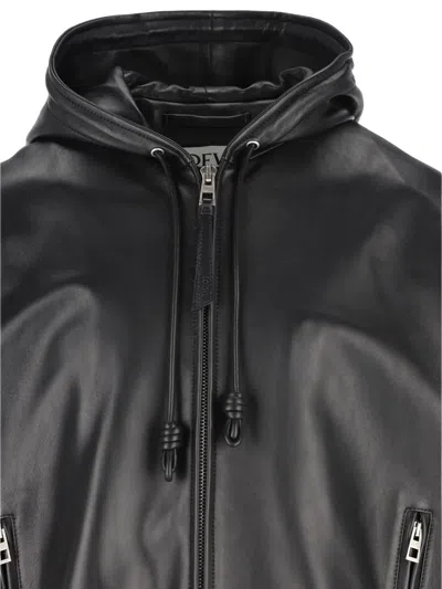 Loewe Leather Hooded Jacket With Logo-patch In Black
