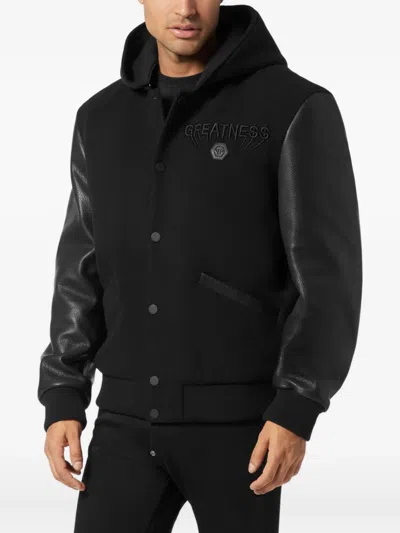Philipp Plein Logo Bomber Jacket With Hood And Leather Sleeves In Black