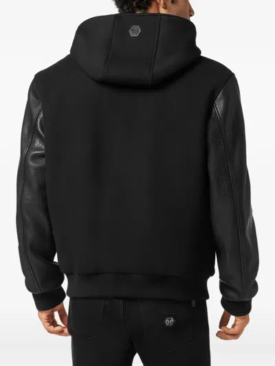 Philipp Plein Logo Bomber Jacket With Hood And Leather Sleeves In Black