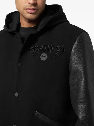 Philipp Plein Logo Bomber Jacket With Hood And Leather Sleeves In Black