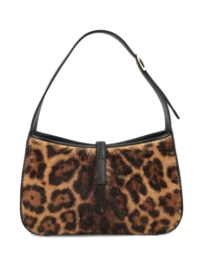 Saint Laurent Leopard Patterned Logo Plaque Tote Bag In Brown