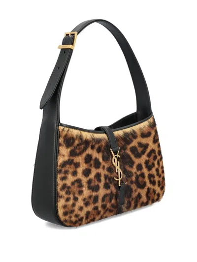 Saint Laurent Leopard Patterned Logo Plaque Tote Bag In Brown