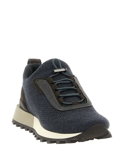 Brunello Cucinelli Women Runners In Techno Fabric And Calfskin With Precious Trim In Gray