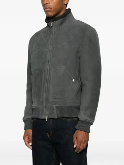 Eleventy Zip-front Shearling Jacket In Gray