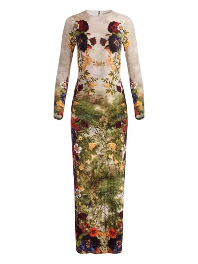 Alice And Olivia Delora Long Sleeve Crew Neck Maxi Dress Forbidden Forest In Multi