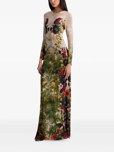 Alice And Olivia Delora Long Sleeve Crew Neck Maxi Dress Forbidden Forest In Multi