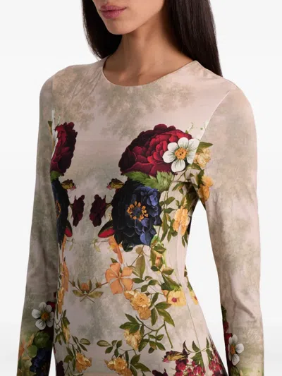 Alice And Olivia Delora Long Sleeve Crew Neck Maxi Dress Forbidden Forest In Multi