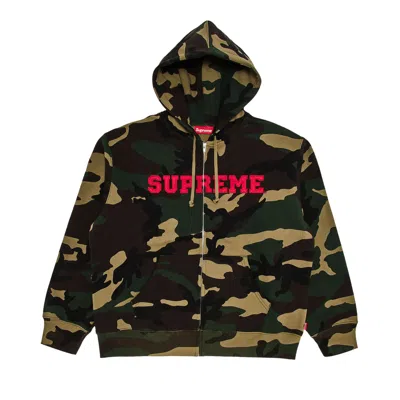 Pre-owned Supreme Collegiate Appliqué Zip Up Hooded Sweatshirt 'woodland Camo' | Multi-color | Men's Size Xl