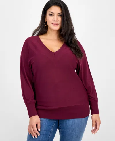Inc International Concepts Plus Size V-neck Dolman-sleeve Top, Created For Macy's In Burgundy