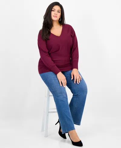 Inc International Concepts Plus Size V-neck Dolman-sleeve Top, Created For Macy's In Burgundy