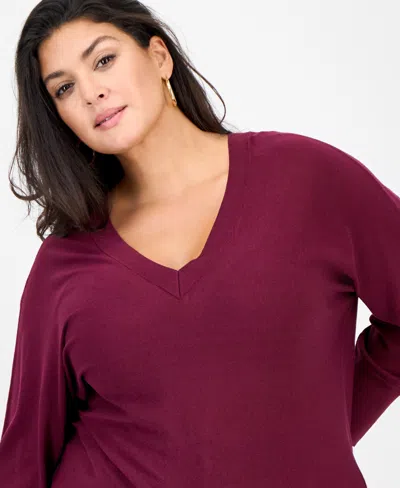 Inc International Concepts Plus Size V-neck Dolman-sleeve Top, Created For Macy's In Burgundy