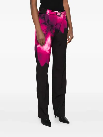 Versace Jeans Couture Floral-print Belted Trousers In Black