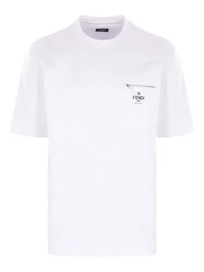 Fendi Men White Crewneck T-shirt With Log Print On The Front In Cotton Man