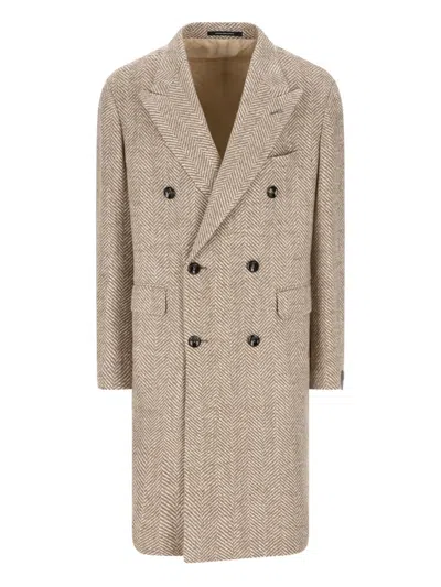 Tagliatore Herringbone Patterned Double-breasted Coat In Brown