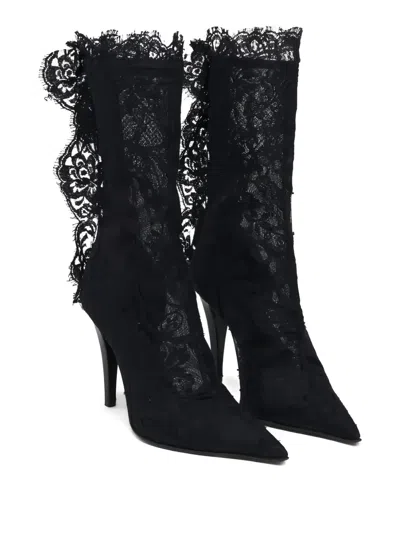 Alexander Mcqueen Lace Overlay Pointed Toe Stiletto Boots In Black