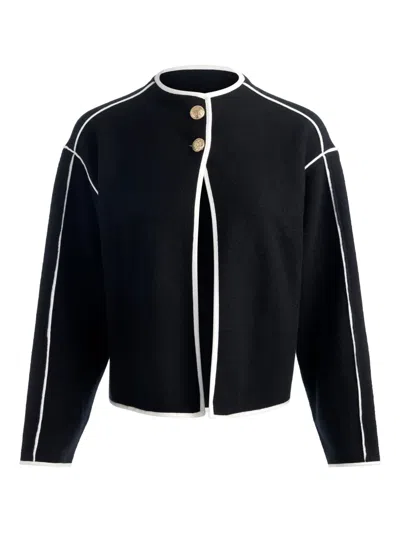 Alice And Olivia Pearson Collared Piped-trim Sweater Jacket In Black