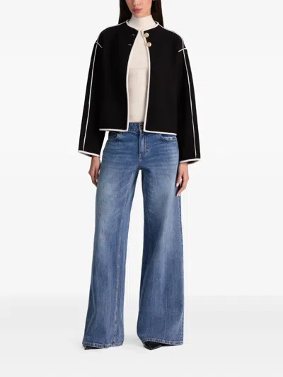 Alice And Olivia Pearson Collared Piped-trim Sweater Jacket In Black
