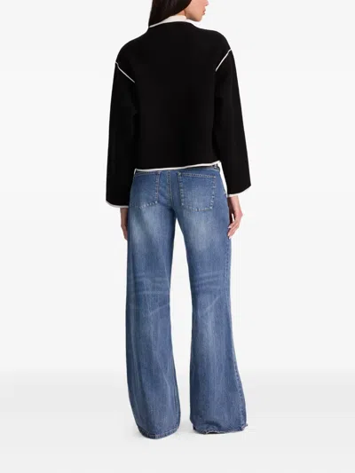 Alice And Olivia Pearson Collared Piped-trim Sweater Jacket In Black
