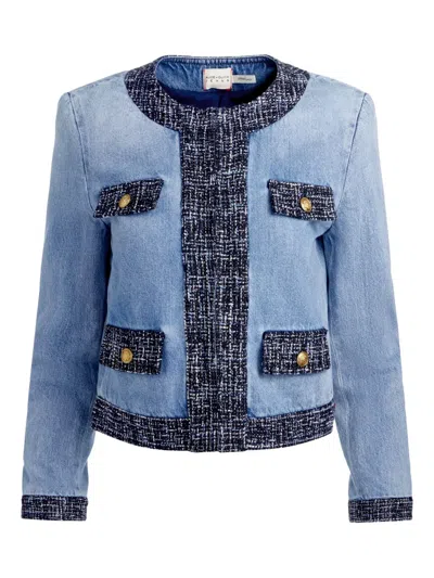 Alice And Olivia Landon Cropped Denim Jacket Celine Vintage In Blue