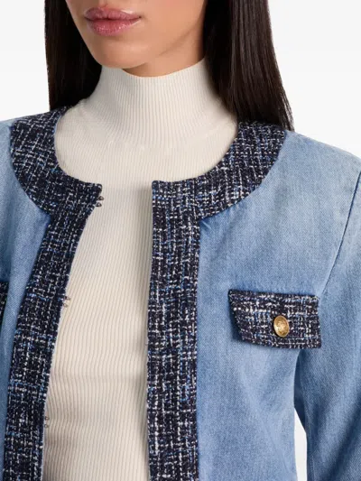 Alice And Olivia Landon Cropped Denim Jacket Celine Vintage In Blue