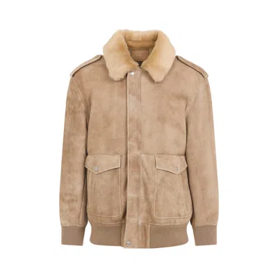 Prada Leather Jacket With Fur Collar And Epaulettes In Brown