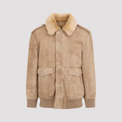 Prada Leather Jacket With Fur Collar And Epaulettes In Brown
