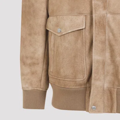 Prada Leather Jacket With Fur Collar And Epaulettes In Brown