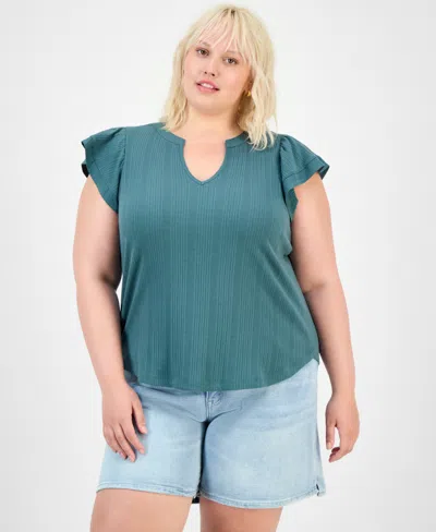 Democracy Trendy Plus Relaxed Flutter-sleeve Top In Blue