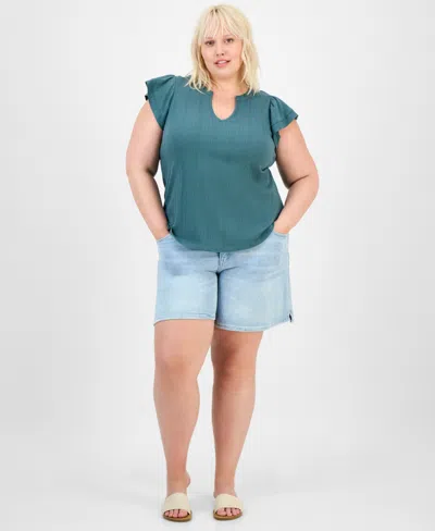 Democracy Trendy Plus Relaxed Flutter-sleeve Top In Blue