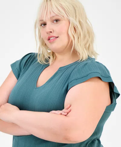 Democracy Trendy Plus Relaxed Flutter-sleeve Top In Blue