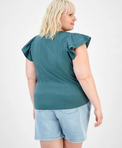 Democracy Trendy Plus Relaxed Flutter-sleeve Top In Blue