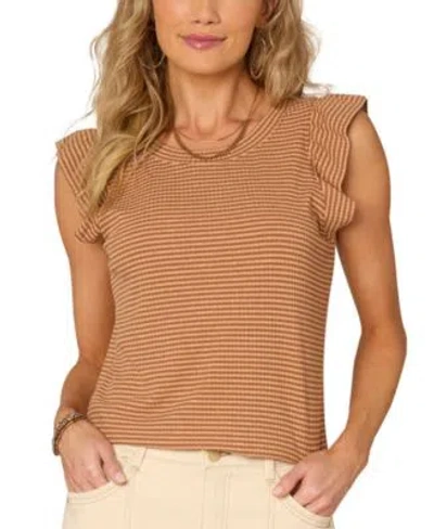 Democracy Women's Ruffled Cap-sleeve Striped Knit Top In Brown
