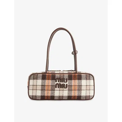 Miu Miu Womens Bruciato+papaya Beau Tartan Small Wool-blend Top Handle Bag
