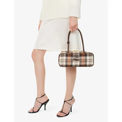 Miu Miu Womens Bruciato+papaya Beau Tartan Small Wool-blend Top Handle Bag
