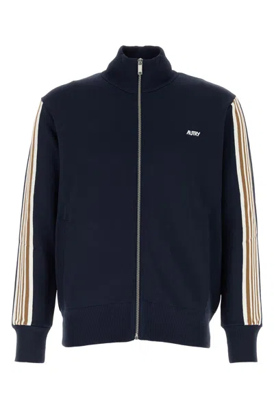 Autry High-collar Blue Jacket With Vertical Stripes And Ribbed Cuffs In Blue