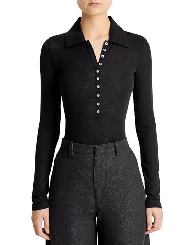 Vince Long Sleeved Multi Button Wool Polo Top In Black