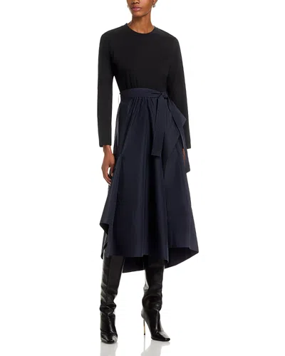 3.1 Phillip Lim Mixed Media Long Sleeve Handkerchief Hem Cotton Blend Dress In Black