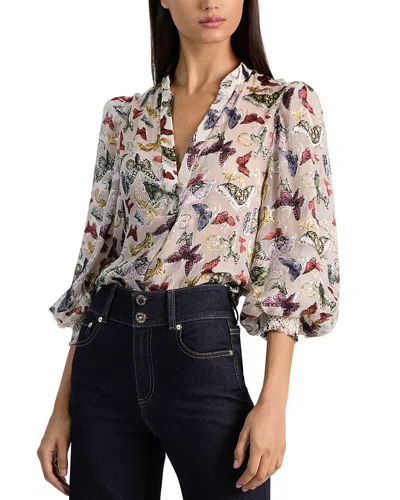 Alice And Olivia Sheila Blouson Sleeve Smocked Cuff Henley Top Spread Your Wings In Multi